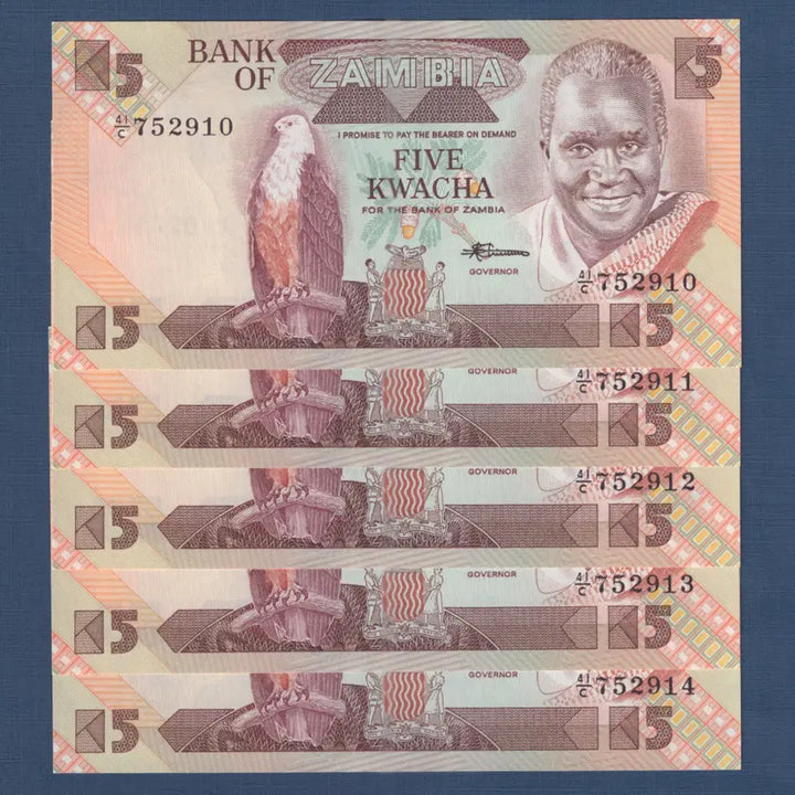 [BUNJANG] Zambia 5 Kwacha 1986 Banknote / 5장, 잠비아 5 콰차 1986년 미사용