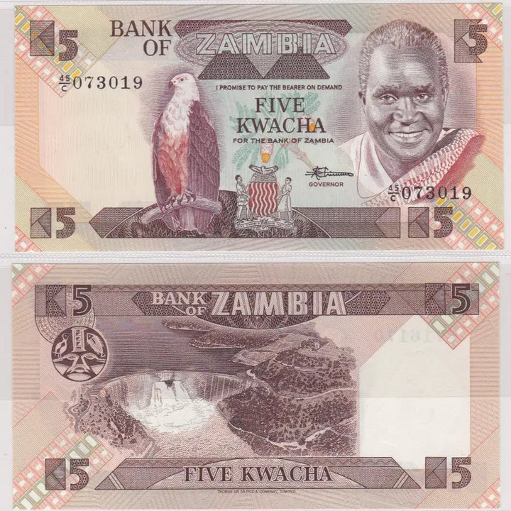 [BUNJANG] Zambia 5 Kwacha 1986 Banknote / 5장, 잠비아 5 콰차 1986년 미사용
