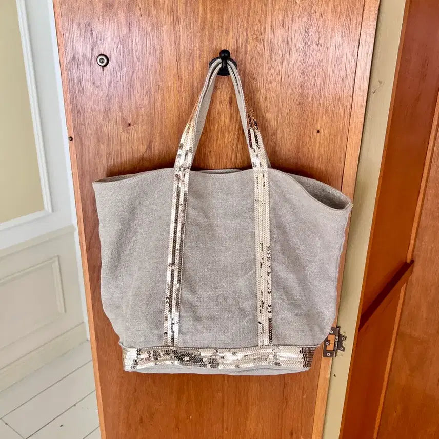 [BUNJANG] Vanessa Bruno Linen Sequin Tote Bag / 바네사브루노 베이지 스팽글 장식 리넨 M 카바스백