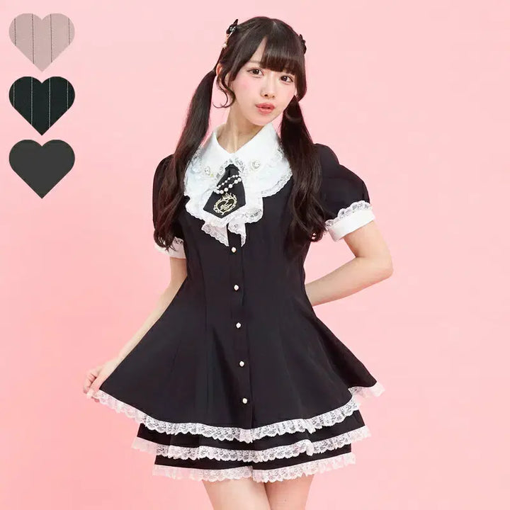 [BUNJANG] Secret Honey Ruffle Neck Tie Short Sleeve Setup / 시크릿허니 러플 넥타이 반팔 셋업