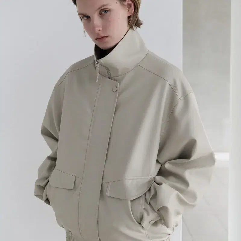 [BUNJANG] Toave High Neck Leather Jacket (Greige) / 토아베 하이 레더 자켓(그레이지)