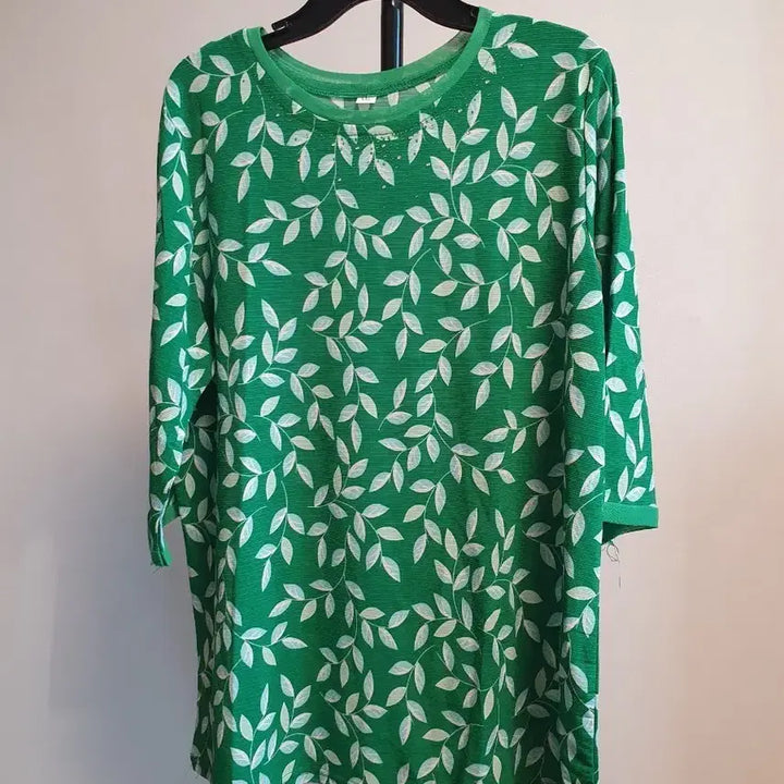 [BUNJANG] Green Leaf Pattern 7/10 Sleeve T-shirt / (새상품)그린 여성 7부 티셔츠 2XL