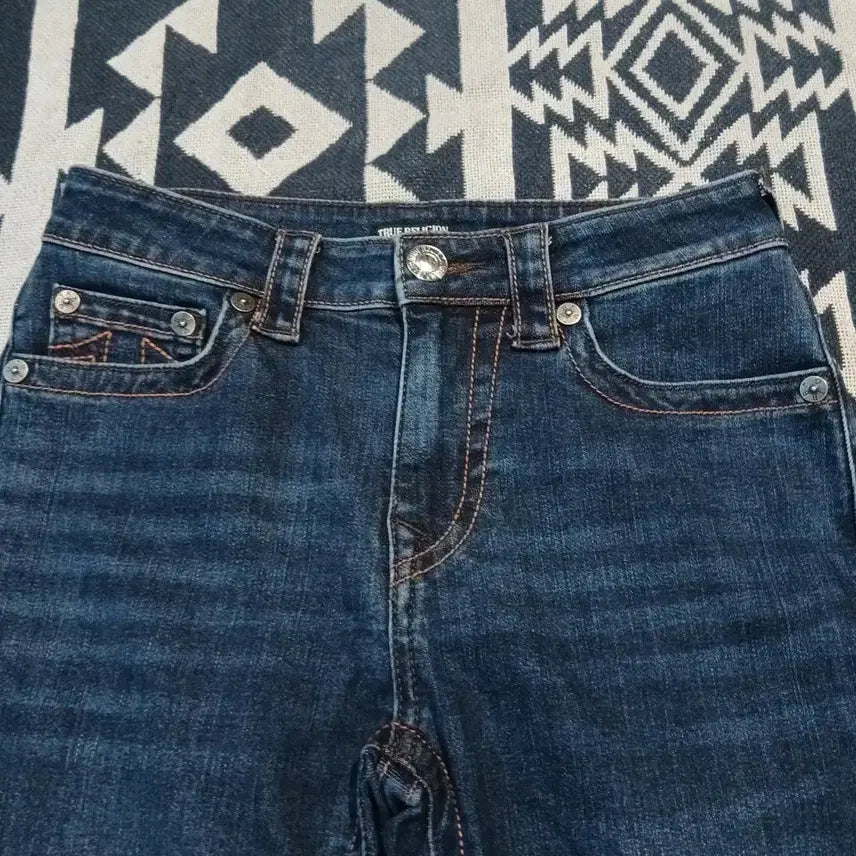 [BUNJANG] True Religion Y2K Orange Stitch Bootcut Jeans / 트루릴리전 진청워싱 오렌지 스티치 Y2K 스트레치 부츠컷 청바지 데님팬츠