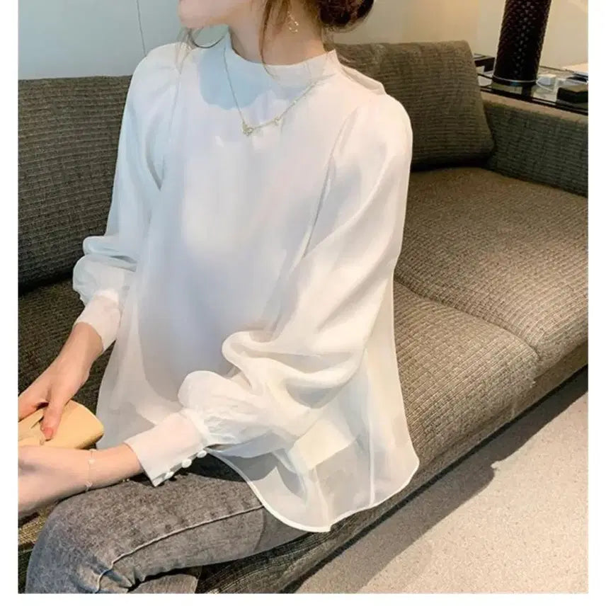 [BUNJANG] White See-Through Blouse Long Sleeve / 화이트 시스루 블라우스 퍼프 긴팔