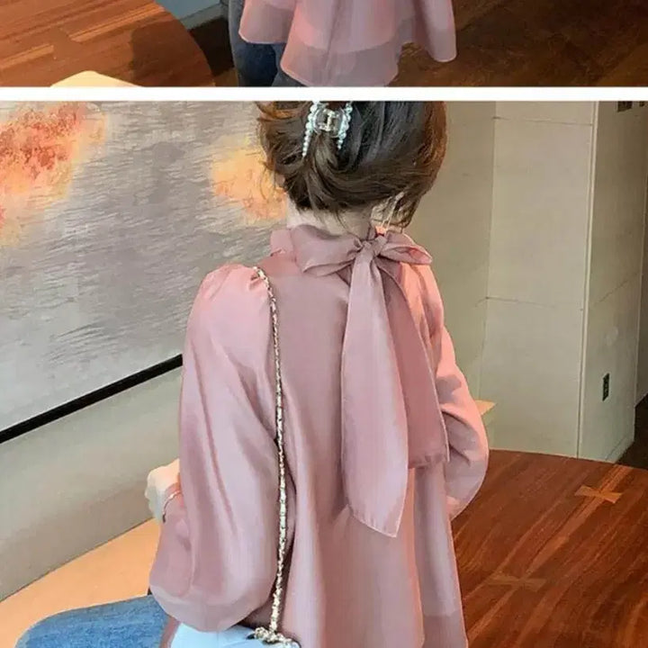 [BUNJANG] White See-Through Blouse Long Sleeve / 화이트 시스루 블라우스 퍼프 긴팔