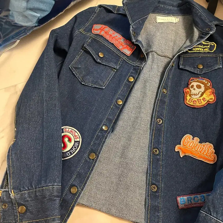 [BUNJANG] Pink Lace Denim Patch Washed Jacket / 핑크레이스 데님 패치 워싱 자켓