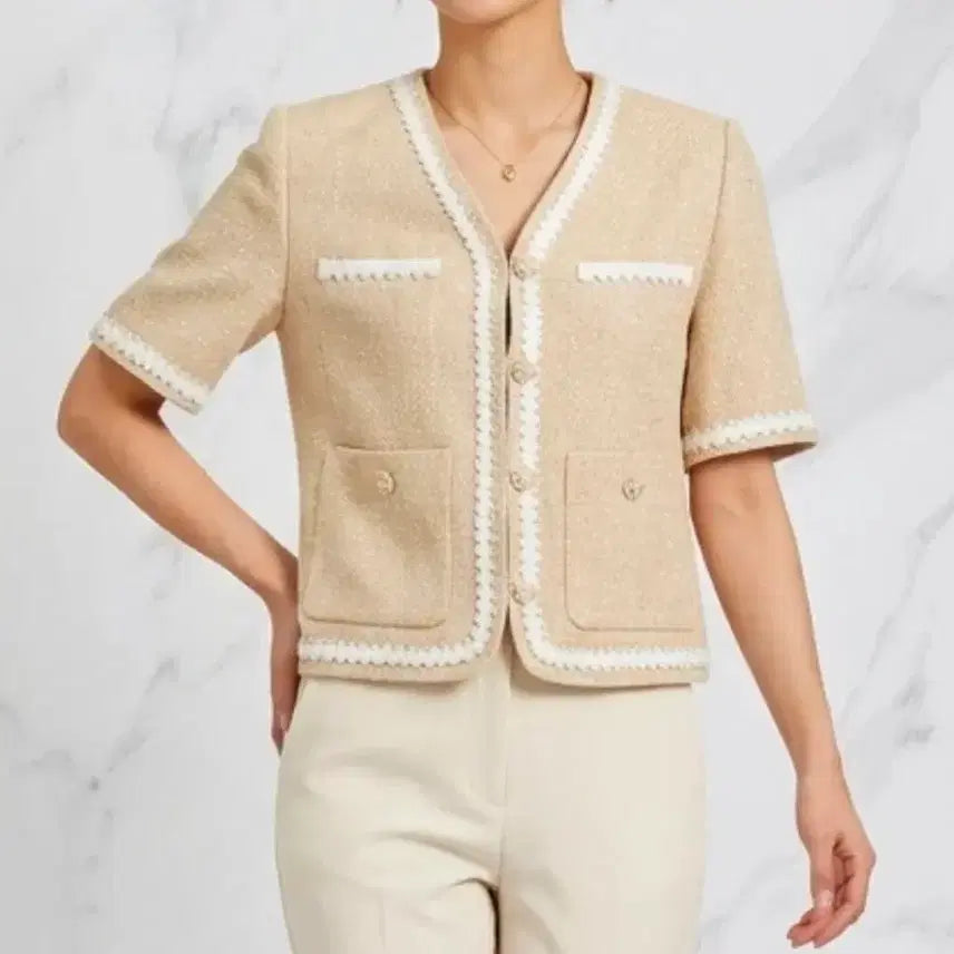 [BUNJANG] Missa Studio Tweed Short Sleeve Jacket Beige 55 / 미샤 스튜디오 트위드 반팔 자켓 베이지 55