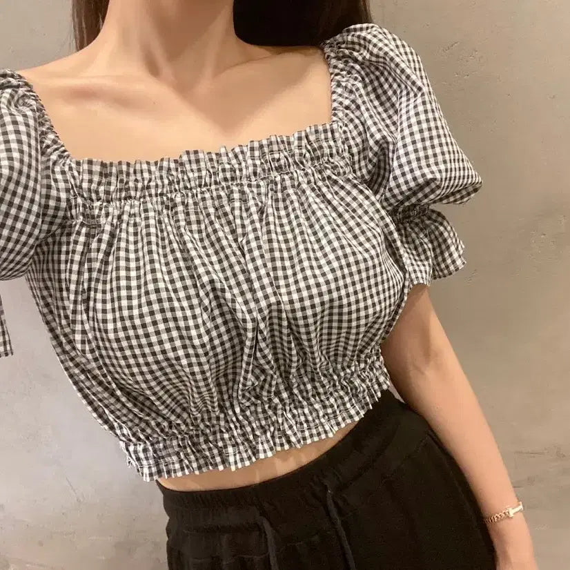 [BUNJANG] Puff Sleeve Cropped Blouse (Black, Pink) / 퍼프 크롭블라우스(블랙,핑크)
