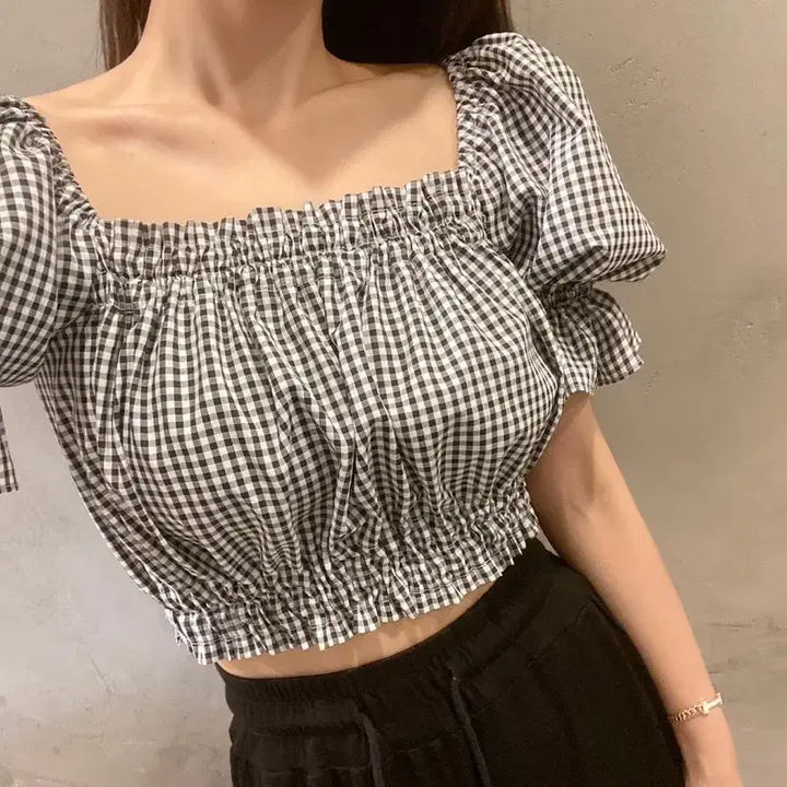 [BUNJANG] Puff Sleeve Cropped Blouse (Black, Pink) / 퍼프 크롭블라우스(블랙,핑크)