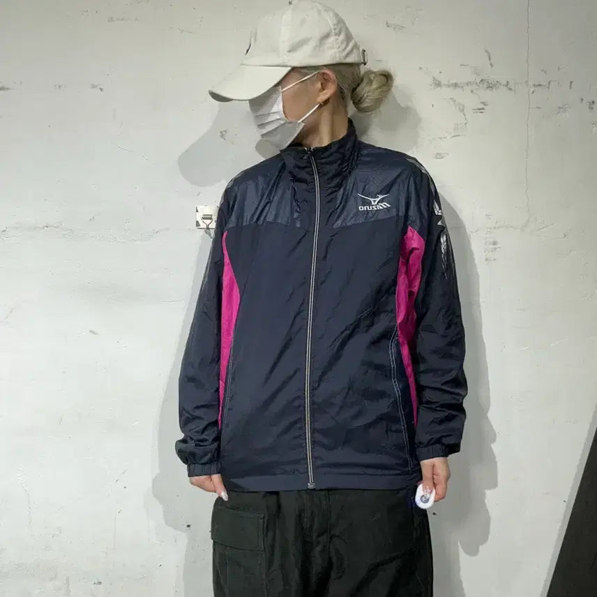 [BUNJANG] Mizuno Navy Old School Pink Track Jacket S / 미즈노 네이비 올드스쿨 핑크 오버핏 트랙 자켓 S