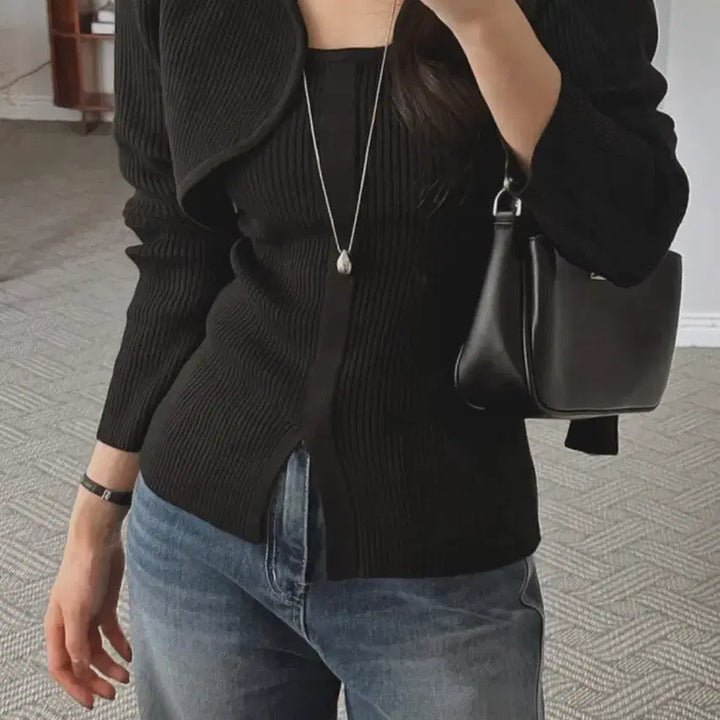 [BUNJANG] Riri&amp;Co Ribbed Knit Bolero Set / 리리앤코 골지 니트볼레로세트 블랙