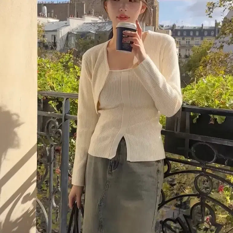 [BUNJANG] Riri&amp;Co Ribbed Knit Bolero Set / 리리앤코 골지 니트볼레로세트 블랙