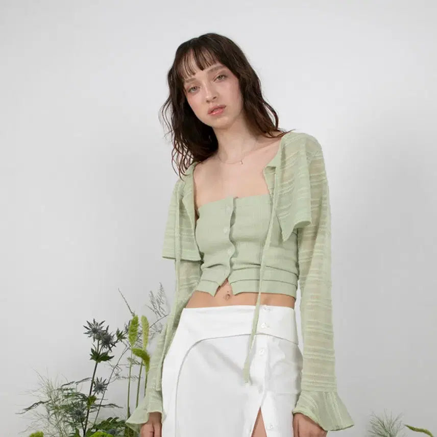 [BUNJANG] Mindy Green Sheer Cardigan + Top Set / 민더리 그린 시스루 가디건 + 튜브탑 세트 (미시용)