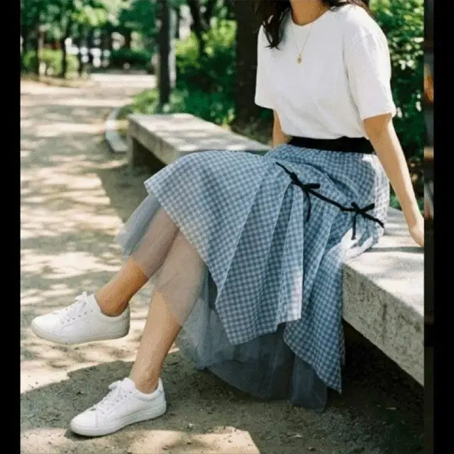 [BUNJANG] TWEEDY-A Gingham Check Layered Skirt / 깅엄체크 리본 샤랄라 레이어드 롱스커트 현백유플렉스 구매
