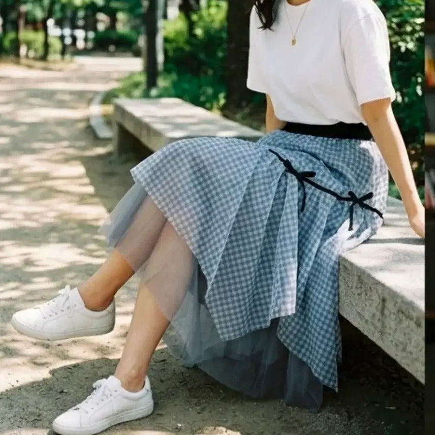 [BUNJANG] TWEEDY-A Gingham Check Layered Skirt / 깅엄체크 리본 샤랄라 레이어드 롱스커트 현백유플렉스 구매