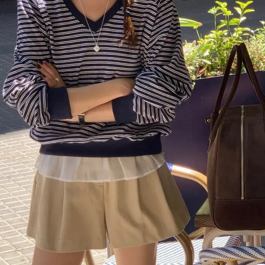 [BUNJANG] Striped V-Neck Raglan Sweatshirt / 쇼핑몰 단가라 브이넥 맨투맨