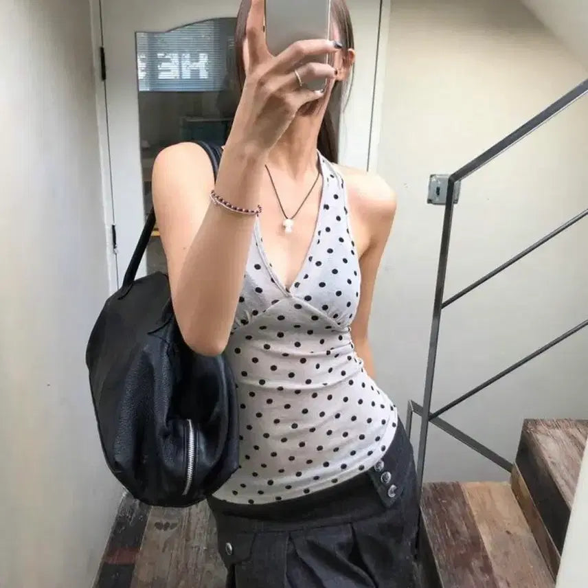 [BUNJANG] Grey Dotted Halterneck Layered Camisole / 그레이 도트 홀터넥 레이어드 나시