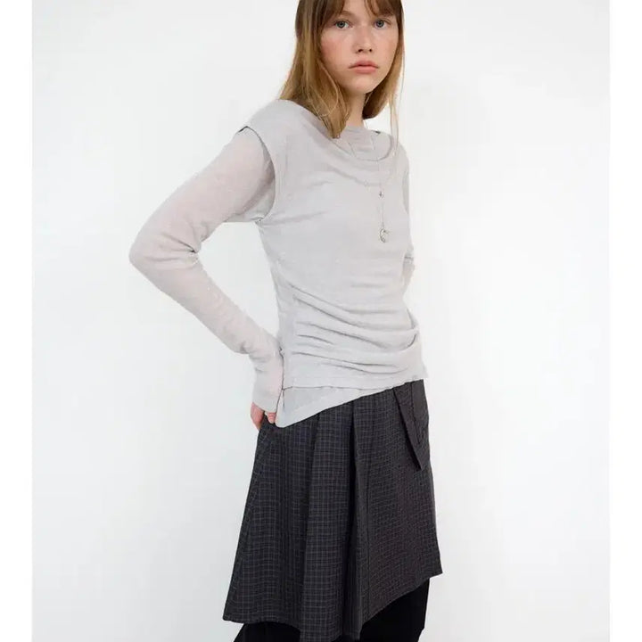 [BUNJANG] Toabe Drape Wool Tencel Layered T-Shirt Set (Gray) / 토아베 드레이프 울 텐셀 레이어드 티 세트 (그레이)
