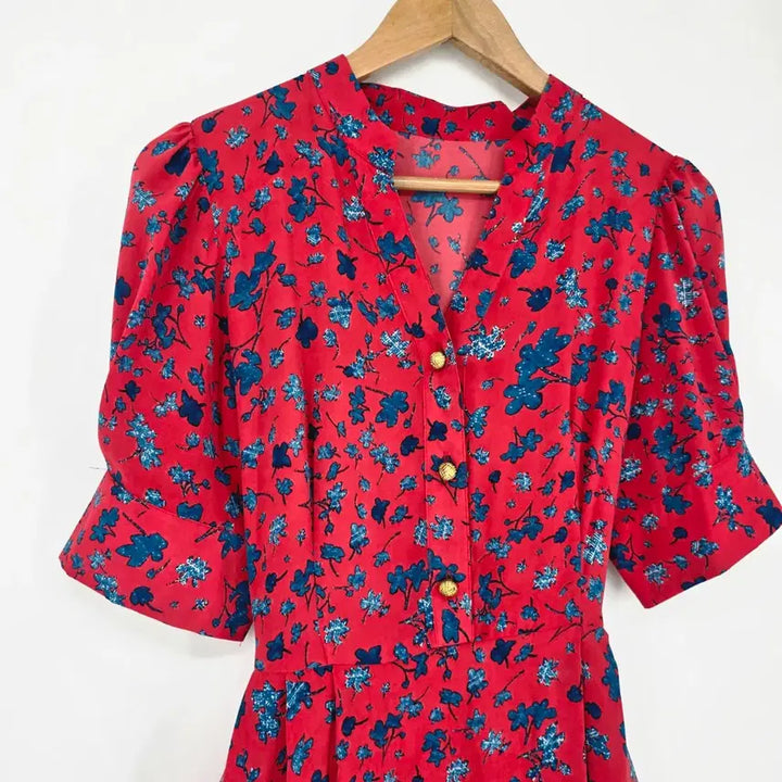 [BUNJANG] Red Flower Pattern Long Dress / 레드 플라워 롱 원피스 반팔 꽃무늬