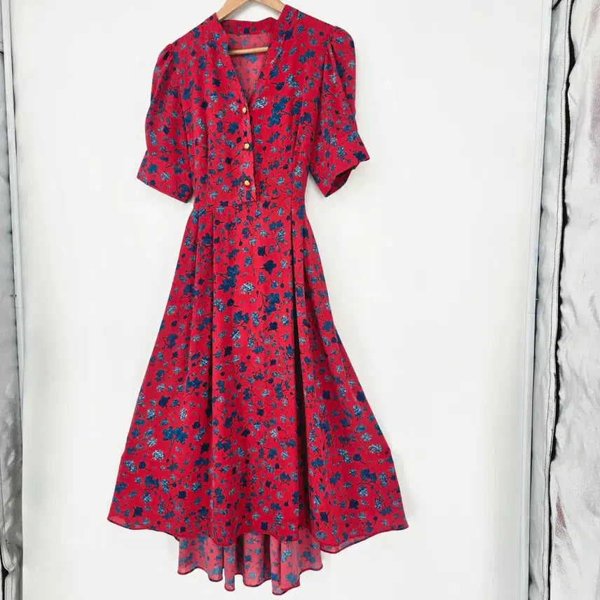 [BUNJANG] Red Flower Pattern Long Dress / 레드 플라워 롱 원피스 반팔 꽃무늬