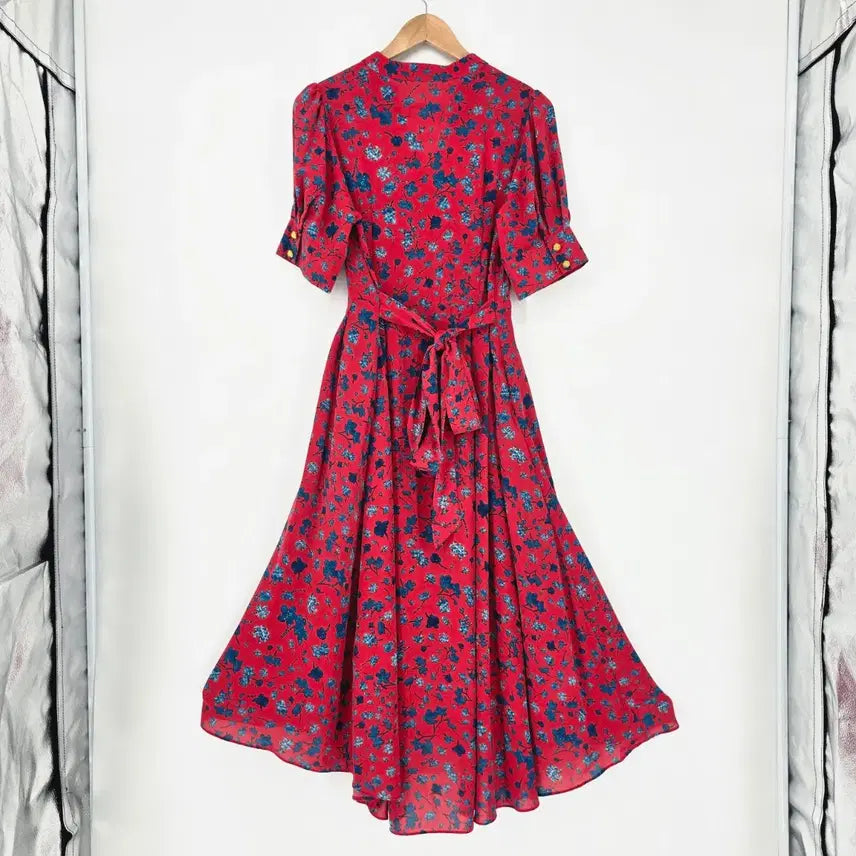 [BUNJANG] Red Flower Pattern Long Dress / 레드 플라워 롱 원피스 반팔 꽃무늬