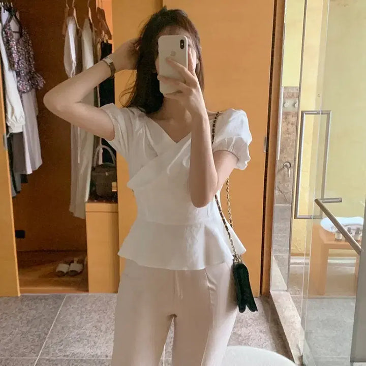 [BUNJANG] [자체제작] 퍼빗 린넨 랩 블라우스 아뜨랑스 프롬데이원 에브리모닝 히니크 / [자체제작] 퍼빗 린넨 랩 블라우스 아뜨랑스 프롬데이원 에브리모닝 히니크