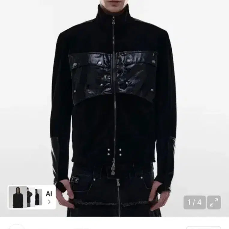 [BUNJANG] Opus 0012 Leather Patch Knit Zip-up Black / 오퍼스0012 가죽 패치 니트 집업 블랙