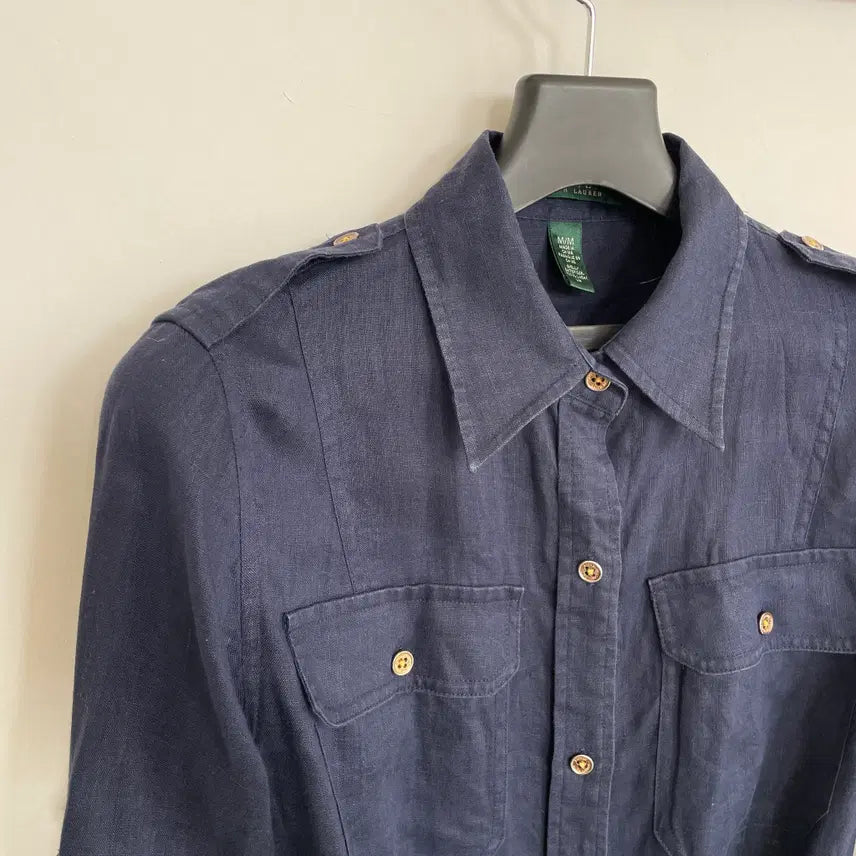 [SOLD OUT] 랄프로렌 여성m 풀 린넨 네이비 견장 벨티드 셔츠 원피스