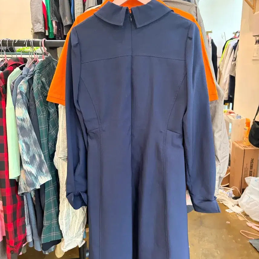 [BUNJANG] Ziggot Navy Double Button Long Coat Dress / 지고트 네이비 더블 버튼 롱 코트 원피스
