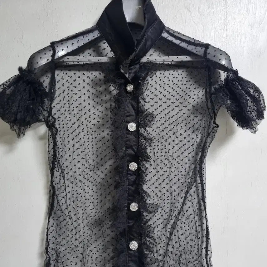 [SOLD OUT] 블랙 시스루 도트 블라우스 퍼프 반팔 (야한옷)55