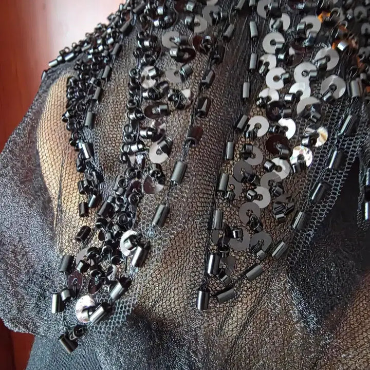 [BUNJANG] Black Sequin Embellished Short Sleeve Blouse / 블랙 스팽글 반팔 블라우스