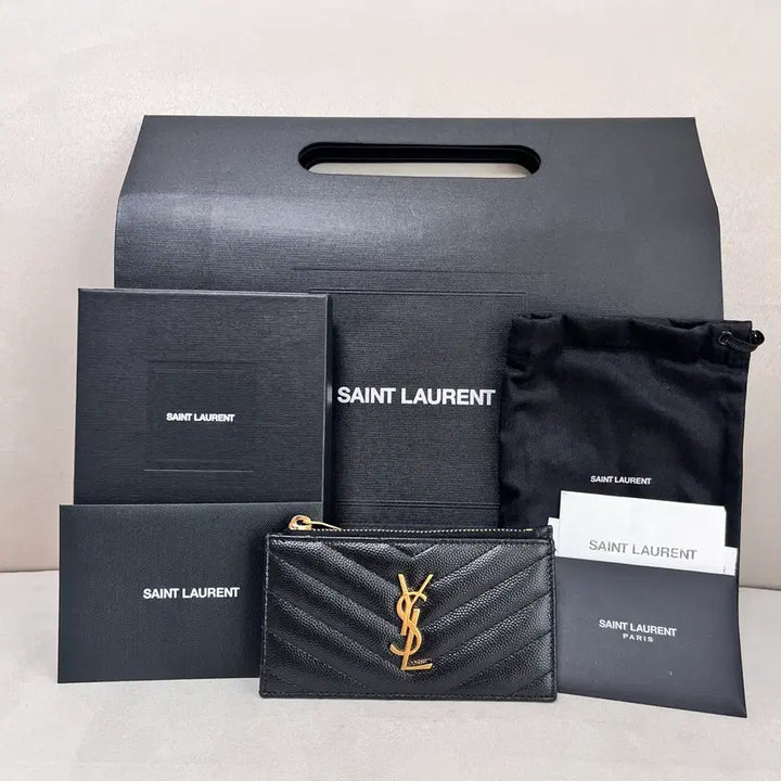 [BUNJANG] Saint Laurent Grained Embossed Leather Gold Monogram Fragment Zipper Card Case Black / [S급/정품] 생로랑 지퍼 카드 지갑 홀더 케이스 블랙 금장