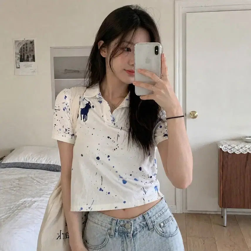 [SOLD OUT] 폴로 랄프로렌 페인트 스플래시 반팔 M(10-12) 여자 크롭핏