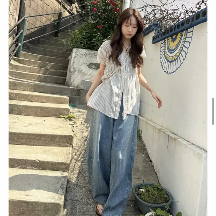 [BUNJANG] MissSo Double Shirring Half-Sleeve Long Blouse / 더블 셔링 반팔 롱 블라우스/미쏘 언더비 바온 빈플 신시 에잇세컨즈