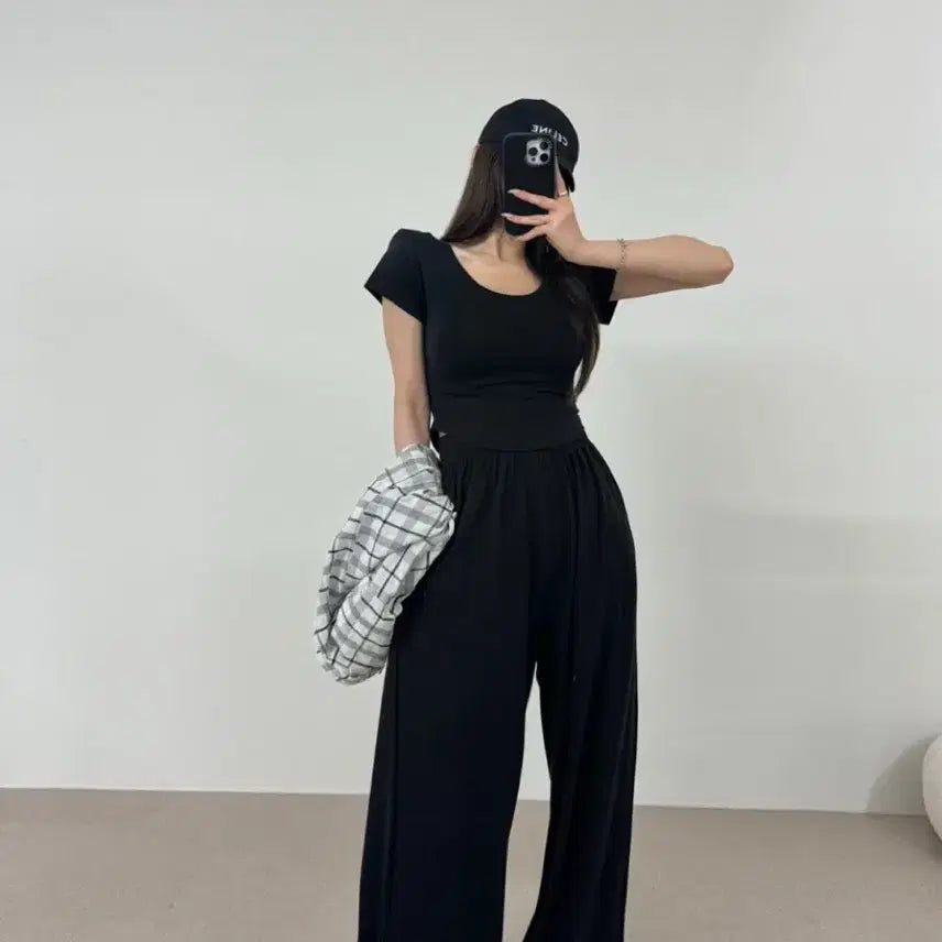 [BUNJANG] Modal Pad T+Modal Wide Pants Set (Black) / 새상품 모달 패드 티+모달 와이드 팬츠 세트(블랙)