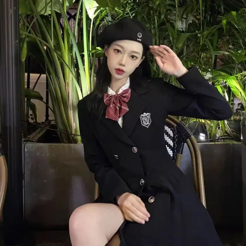 [BUNJANG] British School Uniform Style A-Line Coat with Tie and Optional Beret / (인기)프레피룩 영국교복 정장 코트 하이틴 졸사 컨셉 하객 제복