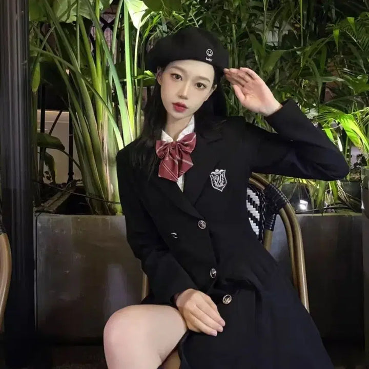[BUNJANG] British School Uniform Style A-Line Coat with Tie and Optional Beret / (인기)프레피룩 영국교복 정장 코트 하이틴 졸사 컨셉 하객 제복