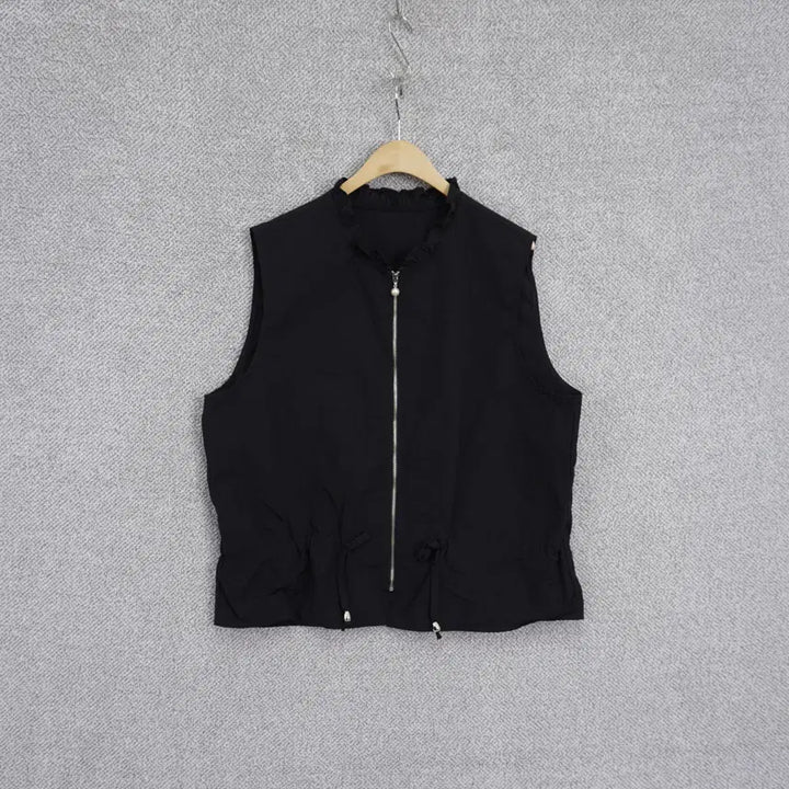 [BUNJANG] Nylon Zip-up Vest with Pearl Buttons (Black) / 여성 진주버튼 바스락 나일론 집업 조끼 77size