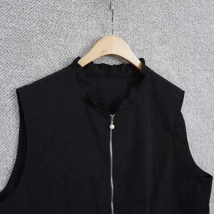 [BUNJANG] Nylon Zip-up Vest with Pearl Buttons (Black) / 여성 진주버튼 바스락 나일론 집업 조끼 77size