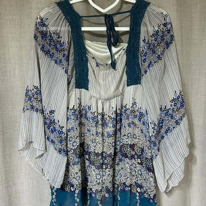 [BUNJANG] Bohemian Square Neck Lace Blouse / 청록 보헤미안 히피 빈티지 스퀘어넥 블라우스