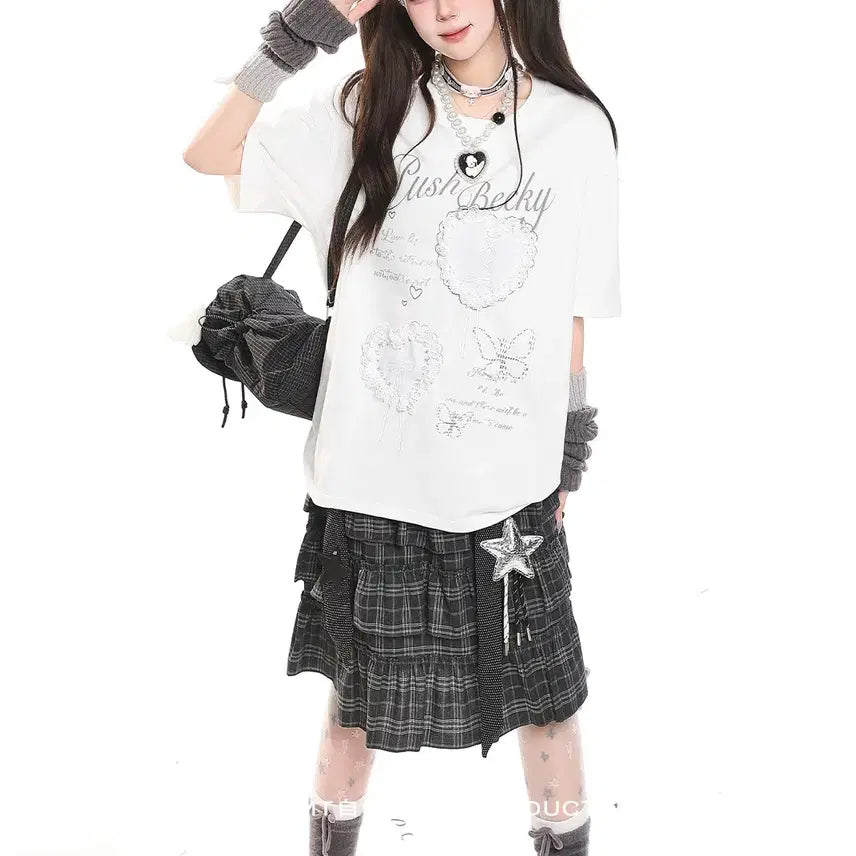 [BUNJANG] MJMT Lace Heart Embroidered Oversized T-Shirt / MJMT 레이스 하트 자수 오버핏 반팔 티셔츠