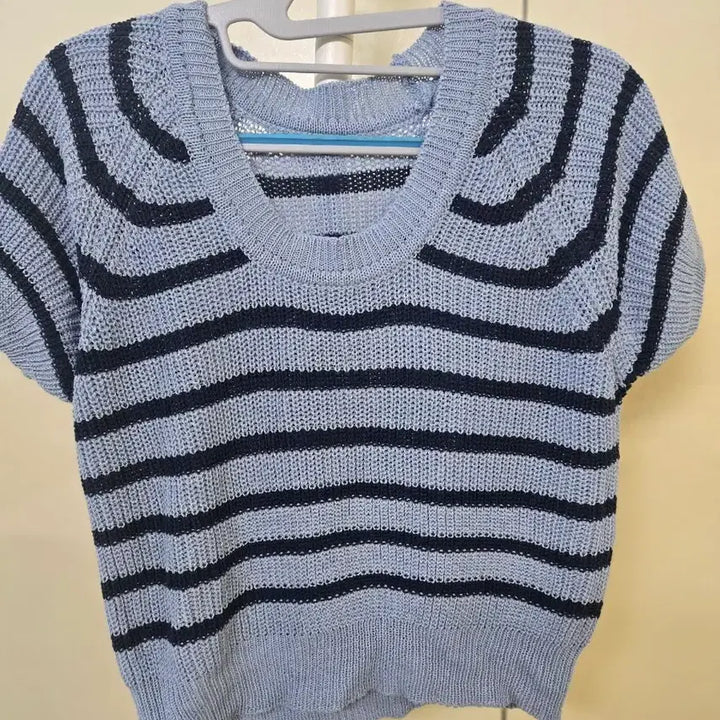 [BUNJANG] Blue Striped Knit Short Sleeve T-shirt / 블루 스트라이프 반팔 니트 티셔츠