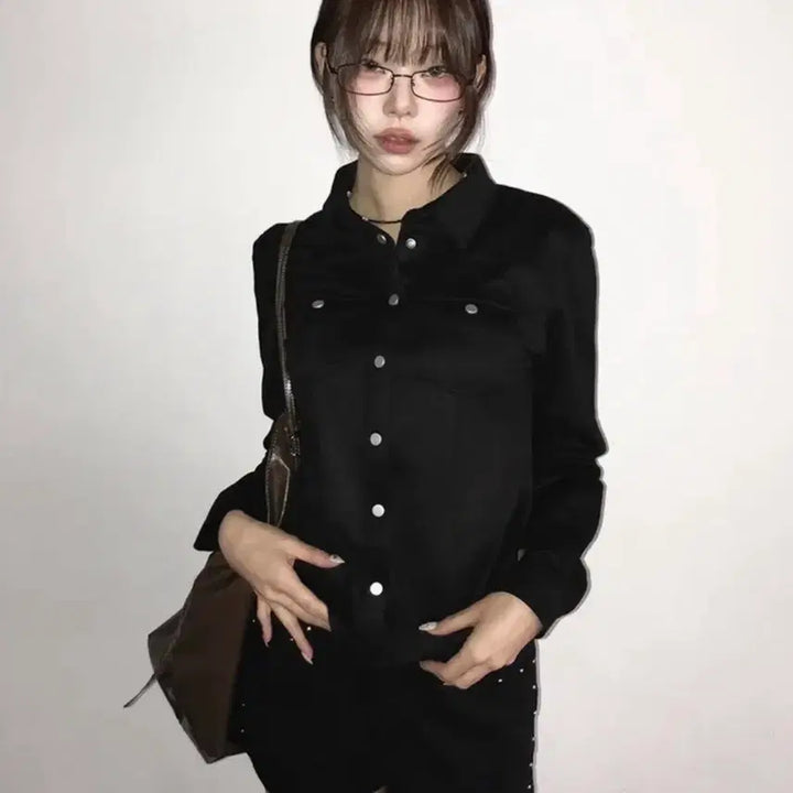 [BUNJANG] Suede Slim Western Crop Jacket Shirt / 스웨이드 슬림 웨스턴 크롭 자켓셔츠