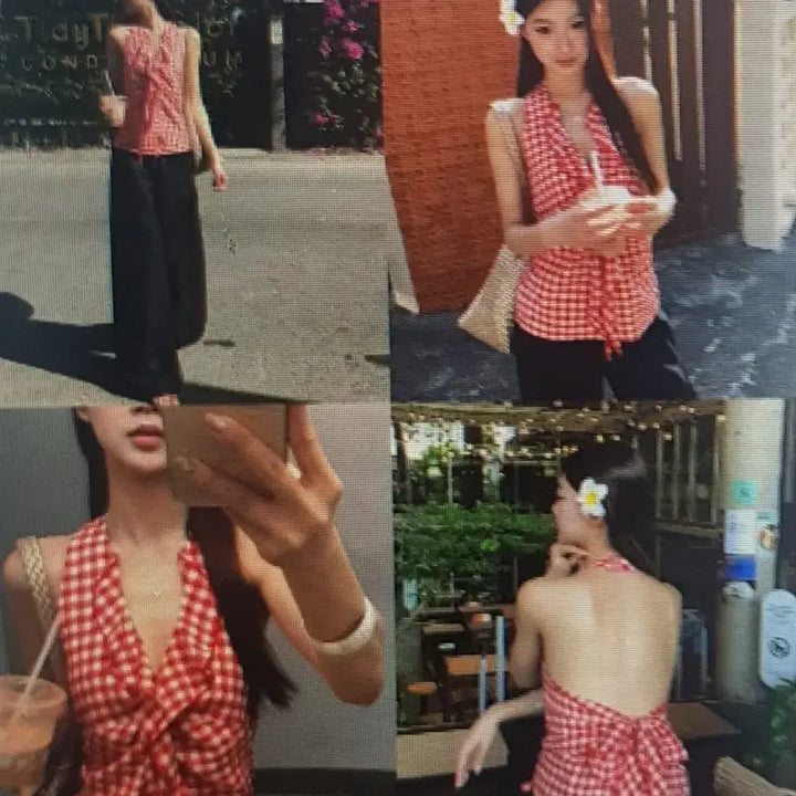 [BUNJANG] Red Check Halterneck Blouse / (해외배송)레드 체크  홀터넥 블라우스 셔츠