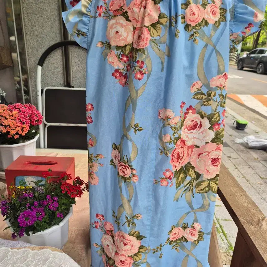 [BUNJANG] Rose Patterned Blue Cotton Sleepwear Dress / 잠옷겸 실내복