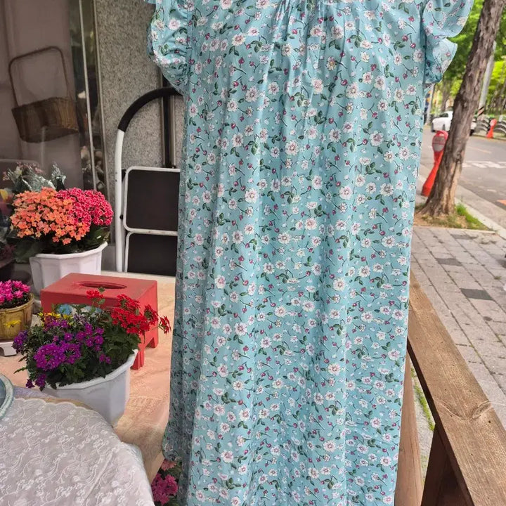 [BUNJANG] Rose Patterned Blue Cotton Sleepwear Dress / 잠옷겸 실내복