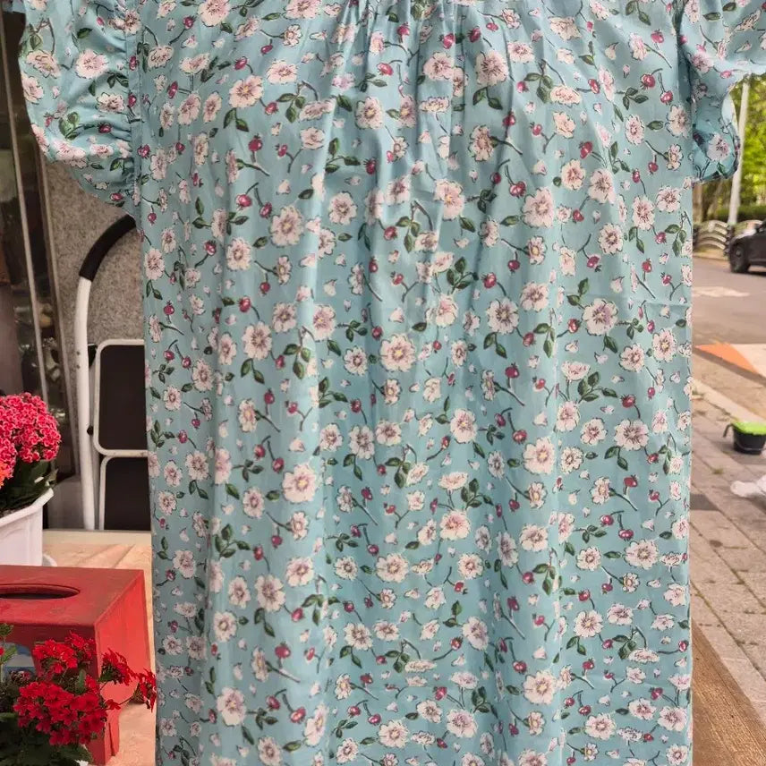 [BUNJANG] Rose Patterned Blue Cotton Sleepwear Dress / 잠옷겸 실내복