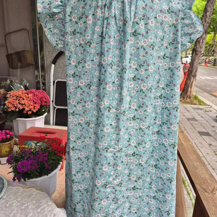 [BUNJANG] Rose Patterned Blue Cotton Sleepwear Dress / 잠옷겸 실내복