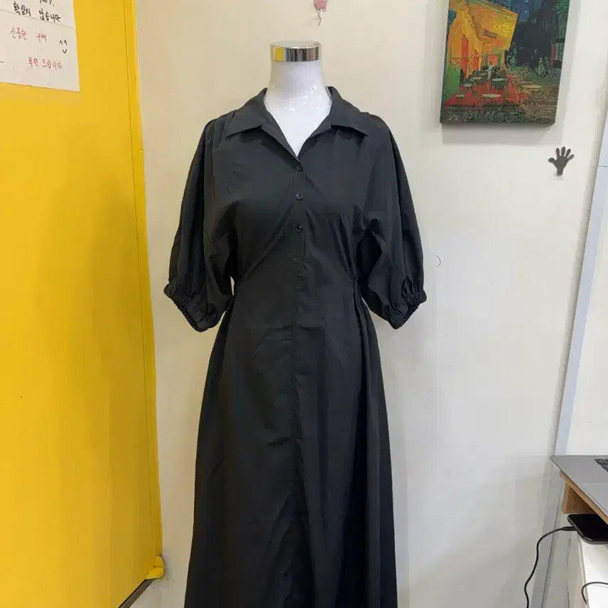 [BUNJANG] Black Pleated Summer Dress / 여성 카라 반팔 롱원피스 블랙 밴딩 플레어핏 데일리 여름원피스