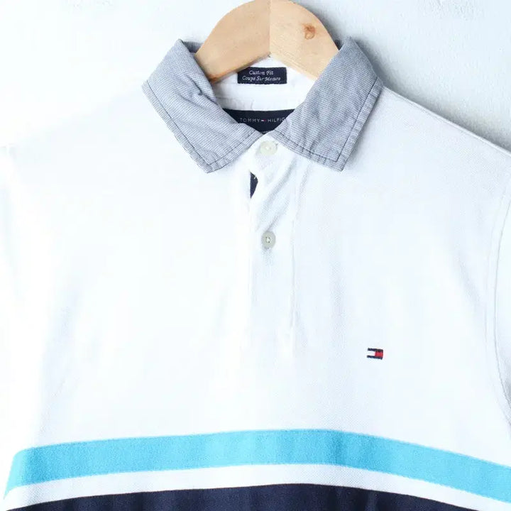 [BUNJANG] Tommy Hilfiger Short Sleeve Polo Shirt / (XS-M) 타미힐피거 반팔 카라 티셔츠 삼선 화이트 올드스쿨-185D1